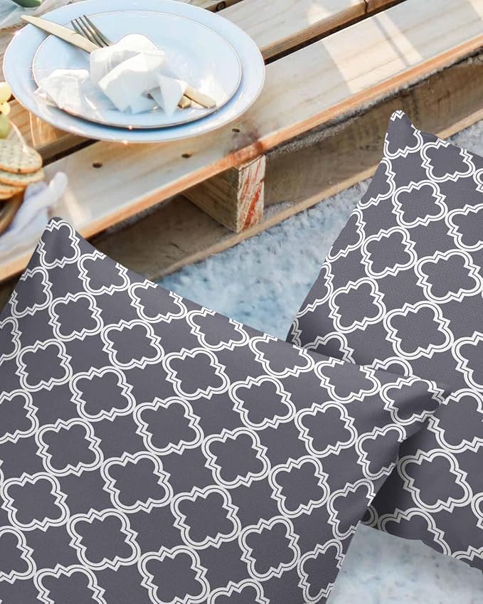 Outdoor Waterproof Pillow Covers for Patio Furniture Moroccan Pattern Decorative Throw Pillow Cover Dark Grey Pillowcases Set of 2 Cushion Case for Sofa Couch Chair Home Decor 18x18 inch