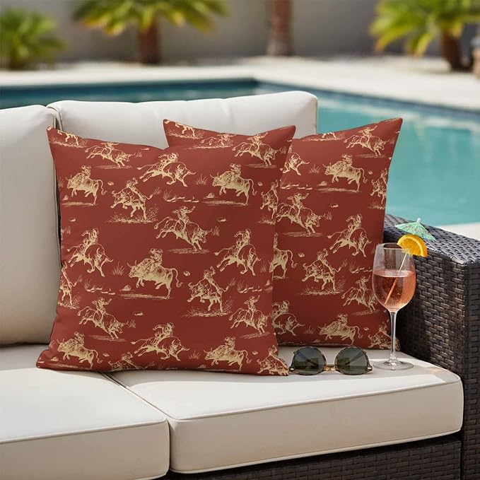 Orange Western Cowboys Outdoor Pillow Covers Waterproof, All Weather Cushion Case Set of 2, Vintage Country Cow Grass Decorative Pillowcases for Sofa Couch Bed Decor Patio Furniture 18"x18"