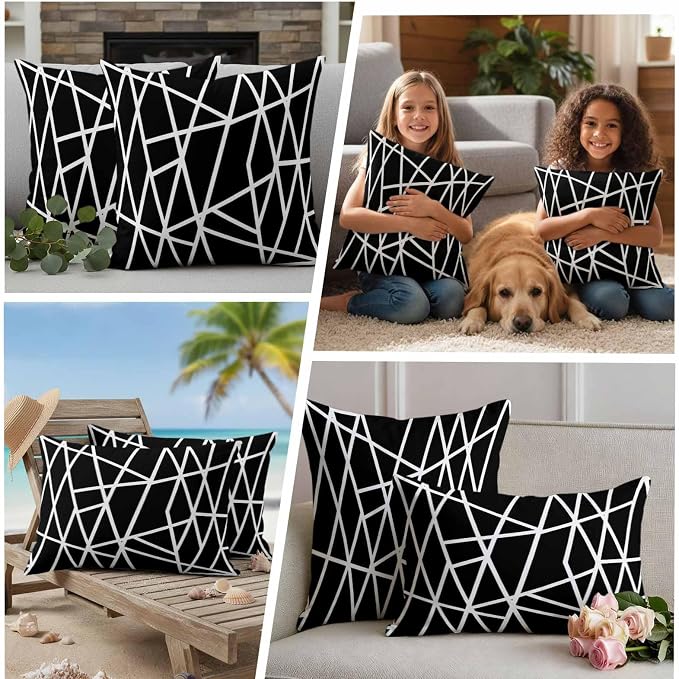 Outdoor Pillow Covers Waterproof, Black Geometric Decorative Square Throw Pillowcases Patio Cushion Covers for Tent/Garden, 18" x 18" 2 Pack, Abstract Stripes Modern Simple