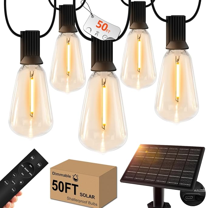 50ft Solar Outdoor String Lights with Remote - USB Rechargeable Solar Powered Outdoor Patio Lights, Larger 1.5W Solar Panel, Timer, Dimmable Shatterproof ST38 Bulbs for Backyard, Garden, Pool