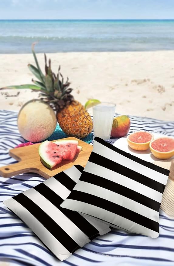 Outdoor Pillows 20x20 Waterproof Outdoor Pillow Covers, Black White Stripes Polyester Throw Pillow Covers Garden Cushion Decorative Case for Patio Couch Decoration Set of 2, Geometric