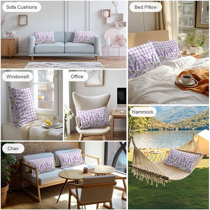 Vandarllin Outdoor Throw Pillows Covers 20x12 inch Set of 2 Waterproof Purple Lavender Flower Decorative Zippered Cushion Covers for Patio Furniture, Butterfly Buffalo Plaid Lumbar Pillowcases