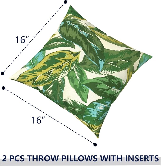 Outdoor Pillows with Insert 16x16 Inch, Waterproof Throw Pillow for Patio Furniture, Decorative Back Cushion for Garden Home Sofa Office Chair, Set of 2, Lush Leaf Jungle