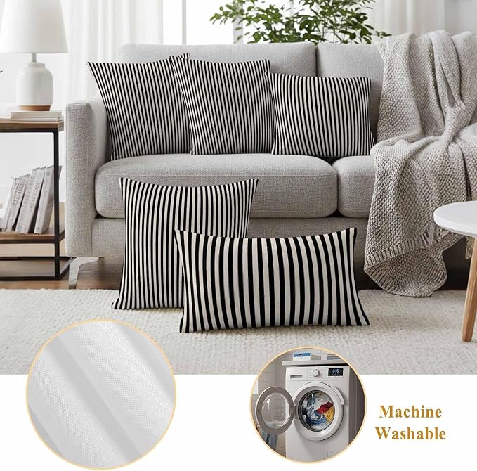 Black Beige Stripe Outdoor Pillow Covers Set of 2 Vintage Abstract Classic Minimalist Vertical Striped Waterproof Throw Pillow Cover Decorative Cushion Cases for Patio Porch Garden 20X12 Inch