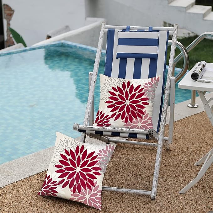 DFXSZ Outdoor Waterproof Pillow Covers 16x16 Set of 2 Wine Red Pink Flower | Spring Summer Waterproof Flower Throw Pillowcases（No Inserts）Decor for Valentines Patio Funiture Garden Polyester Covers