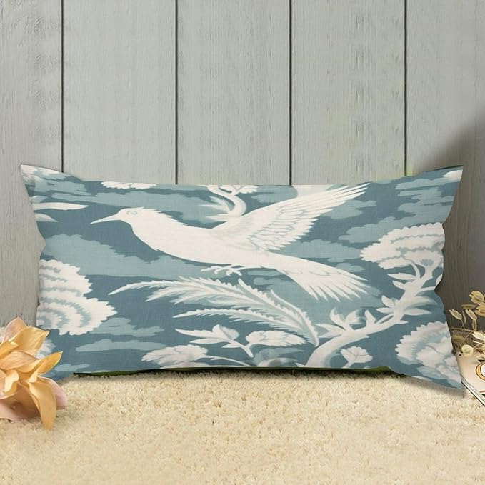 Set of 2 Blue Turquoise and White Birds Plant Pillow Covers 12x24in Farmhouse Canvas Cushion Covers Outdoor for Couch Chair Home Decor for Family Friends