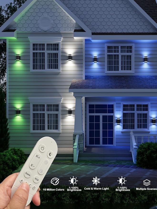 RGB+CCT Outdoor Wall Light 3 Pack, App Control Up Down Wall Sconce, Color Changing 2700K–6500K Exterior Lighting, Waterproof Aluminum LED Porch Lights for Garage Patio Front Door (3 Pack)