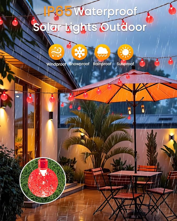 LORRYTE Solar String Lights Outdoor 2 Pack 64FT 100 LED Red Patio Lights | Crystal Globe, IP65 Waterproof, Auto On/Off, 8 Modes Solar Powered Light for Outside Halloween Party Garden Yard Decorations