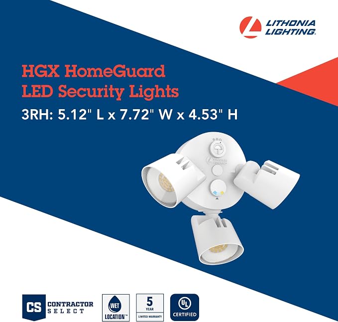 Lithonia Lighting HomeGuard 3-Light LED Outdoor Flood Lights, Dusk to Dawn | White Outdoor LED Lights, Adjustable Lumens, Selectable Color, Round Heads (HGX LED 3RH ALO SWW2 120 PE WH M2)