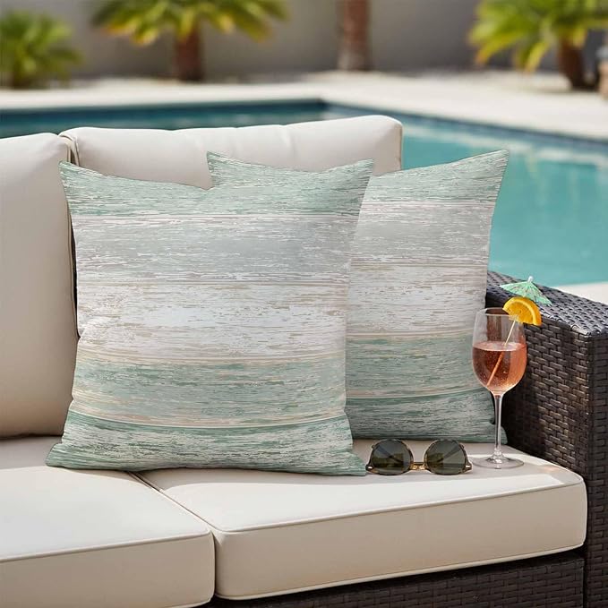 Outdoor Waterproof Throw Pillow Covers, Vintage Sage Green Grey Decorative Pillow Cases, Farmhouse Barn Wooden Striped Couch Pillow Protector Patio Sofa Cushion Covers Replacement 26"x26" 2 Pack