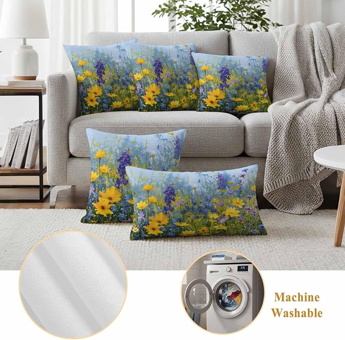 Outdoor Waterproof Pillow Covers for Patio Rustic Landscape Decorative Throw Pillow Cover Spring Wildflower Floral Yellow Blue Purple Pillowcases Set of 2 Cushion Case for Sofa Couch Chair 20x20 Inch