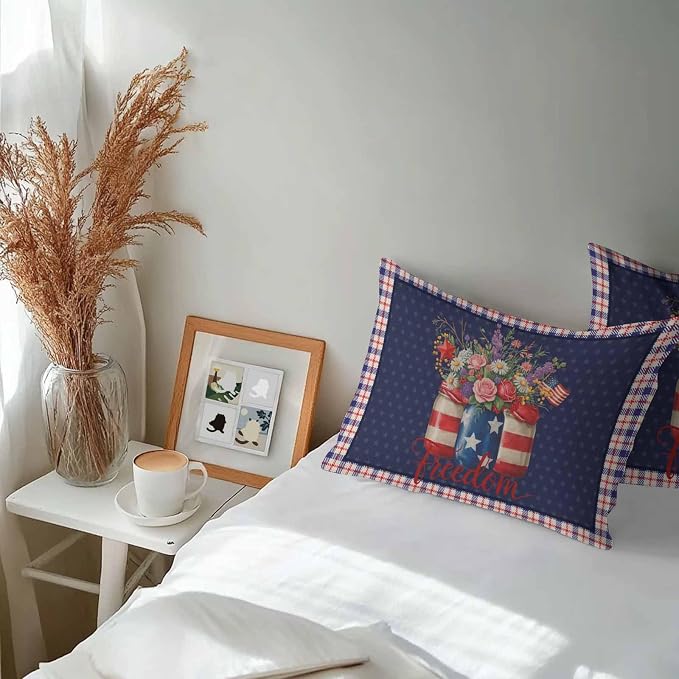 Waterproof Throw Pillow Covers, Independence Day Daisy Flower Tulip American Flag Star Blue Red Plaid Decorative Pillowcase Soft Cushion Case for Patio Couch Tent Balcony, Set of 2 Rectangle, 20"X12"