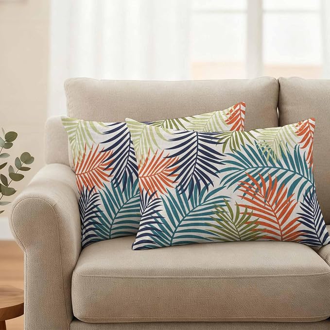 Green Blue Palm Leaves Outdoor Pillow Covers 20"x12" Set of 2, Summer Botanical Vintage Tropical Leaf Rustic Waterproof Throw Pillow Covers for Patio Furniture, Decorative Cushion Covers for Porch