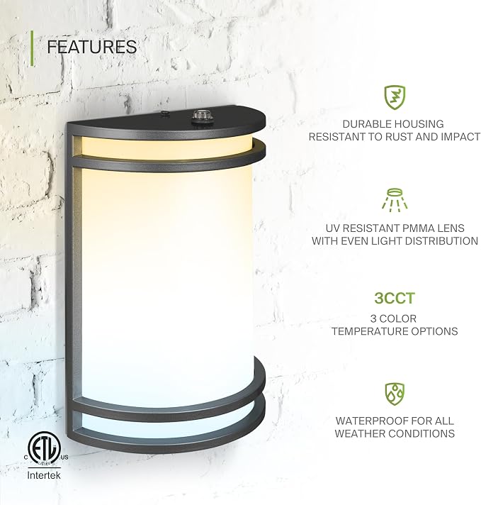ASD 10 Inch Dusk to Dawn LED Outdoor Sconce Lights - 15W 120-277V 3000K-5000K Black Exterior Lighting Fixtures, Exterior Lights for House, Photocell Patio Wall Light Fixture ETL