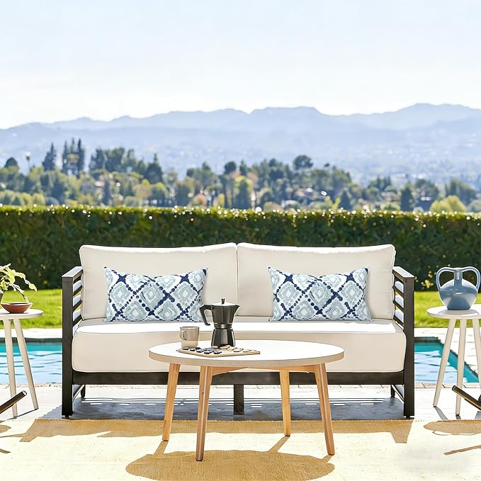 LVTXIII Outdoor/Indoor Lumbar Pillow Case Covers ONLY, 12" x 20" Patio Garden Decorative Lumbar Pillow Covers, Pack of 2 for Outdoor Home Patio Furniture Use - Boho Geometry Blue