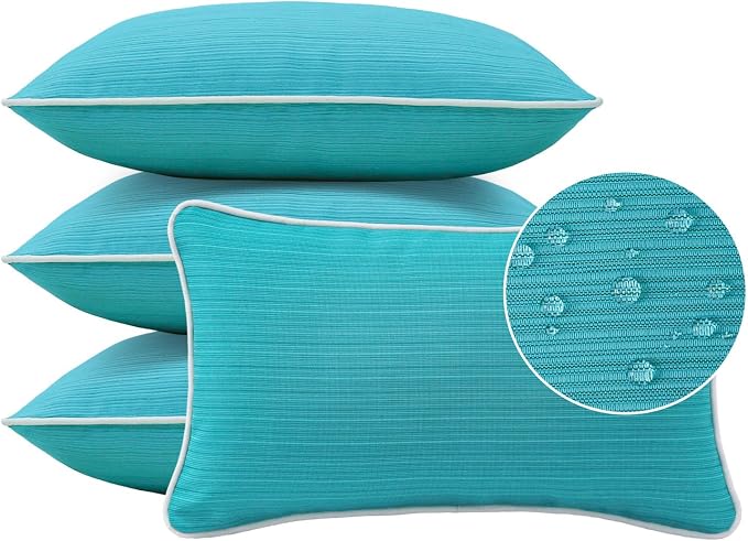 Unimatta Decorative Outdoor Water Repellent Throw Pillows with Inserts, Set of 4, 20" x12" Pillows for Patio, Backyard, Bed, Couch, and Patio Furniture, Turquoise