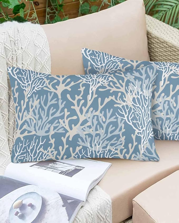 Pack of 2 Outdoor Pillow Covers 20x12 Waterproof Blue Coral Coastal Throw Pillow Covers, Decorative Pillowcases Nautical Ocean Marine Organism Cushion Covers for Patio Garden Couch Pillow Case