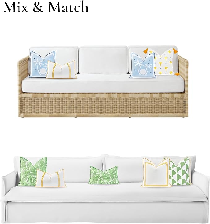 Hofdeco Premium Coastal Patio Indoor Outdoor Lumbar Pillow Cover Only, 12"x20" Water Resistant for Backyard, Couch, Yellow Embroidered Vertical Line