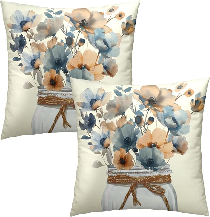 Watercolor Flowers Throw Pillow Covers 18x18 Inch Set of 2 Grey Beige Flower Mason Jar Decorative Pillow Cushion Cases for Sofa Couch Living Room Housewarming Party Decor