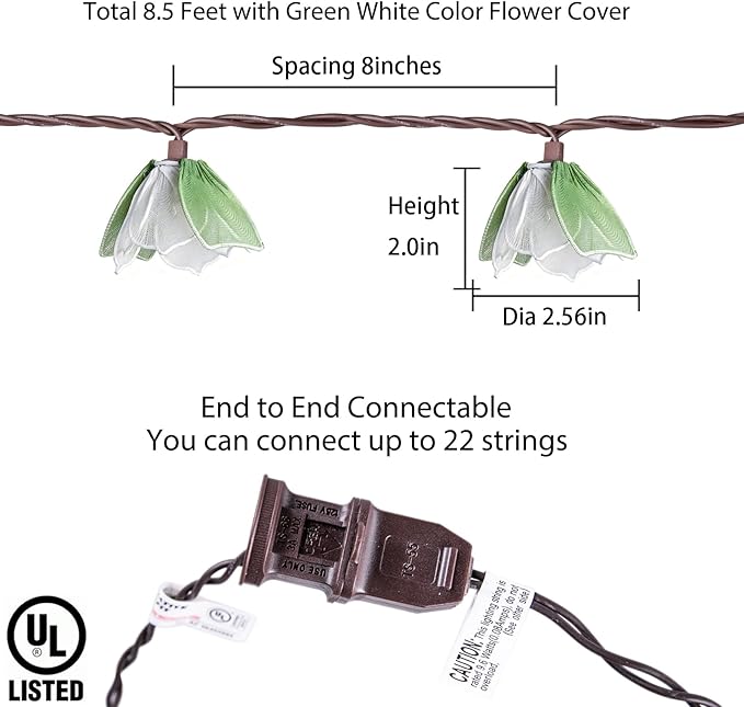 Decorative String Lights Plug in with 10 Bulbs, Flower Garland Fairy Lights Connectable Weatherproof Outdoor Indoor for Wedding Pergola Bedroom Porch Floral Home Decor (Green White)