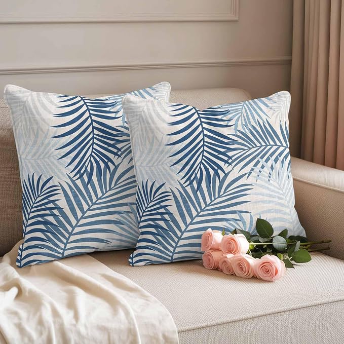 Outdoor Waterproof Throw Pillow Covers, Blue Grey Palm Leaves Decorative Pillow Cases, Summer Botanical Tropical Leaf Couch Pillow Protector Patio Sofa Cushion Covers Replacement 18"x18" 2 Pack