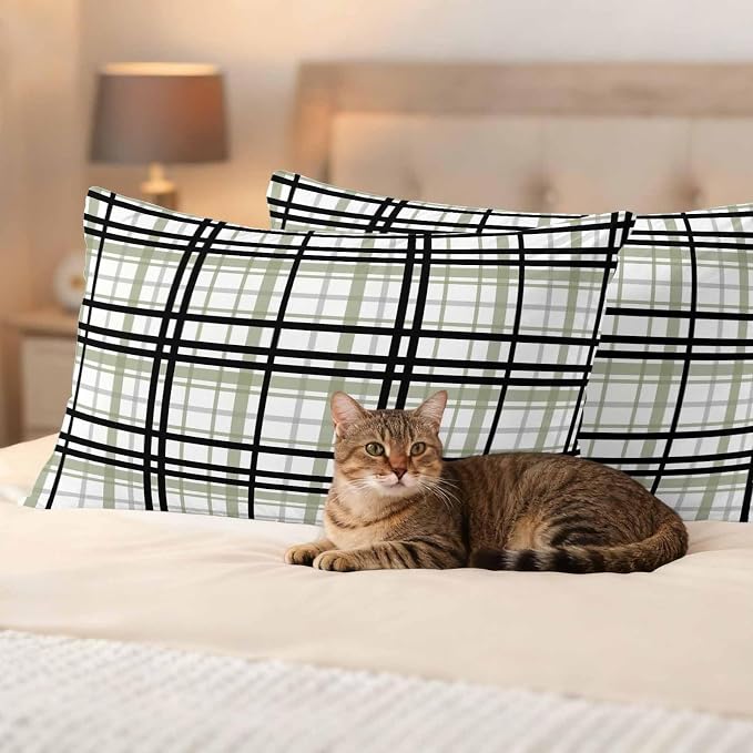 Abstract Stripes Outdoor Pillow Covers Set of 2 Sage Green Black Grey Plaid Waterproof Throw Pillow Cover Decorative Cushion Cases for Patio Porch Garden 20X12 Inch