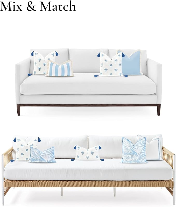 Hofdeco Premium Coastal Hampton Style Patio Indoor Outdoor Pillow Cover Only, 20"x20" Water Resistant for Backyard, Couch, Baby Blue Embroidered Palm Tree Tassel