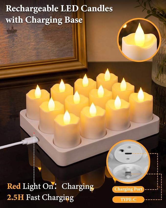 TOWPONICS Rechargeable Tea Lights with Remote, Timer & Charging Base | 12 Pack LED Votive Candles, Battery Operated Flickering Flameless Candles for Home, Wedding, Party, Halloween, Xmas Decor