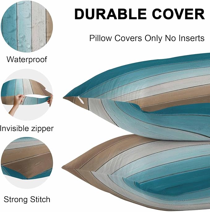 Lumbar Pillow Covers 20x12 Inch Set of 2, Teal Brown Ombre Waterproof Outdoor Cushion Covers, Vintage Country Wooden Decorative Pillowcases for Couch, Sofa, Bed, Garden, Patio