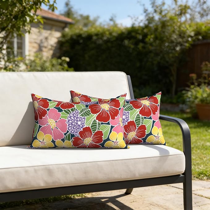 Outdoor Lumbar Pillows with Insert 12x20 Inch, Waterproof Throw Pillow for Patio Furniture, Decorative Lumbar Cushions for Garden Home Sofa Office Chair, Set of 2, Flower Bloom