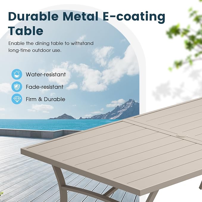 7 Pieces Patio Dining Set, 63" Rectangular Dining Table with Umbrella Hole, 6 Stackable Textilene Fabric Chairs, Metal Structure for Patio, Porch, Garden(Sand Table, Sand Chair)