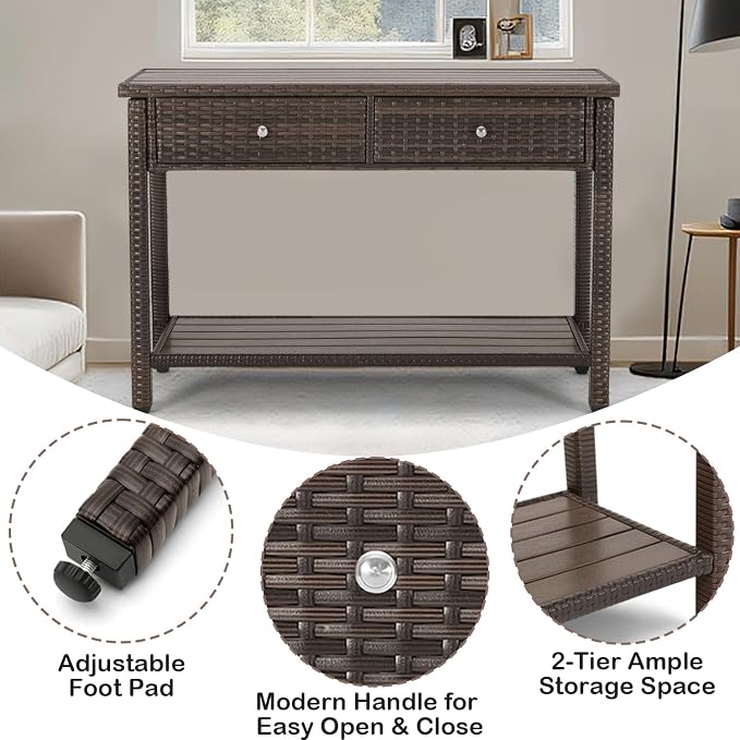 Outdoor Console Table with Drawer Patio Buffet Bar Storage Organizer 45"Long Wicker Sofa Serving Sideboard Table 2-Shelf Outdoor Narrow Bar Table Tall Rectangle with Adjustable Feet for Entryway Brown