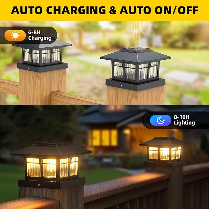 4x4 Solar Post Cap Lights, Classic Black, 8 Pack, Warm & Cool White | Fits 4x4 Wooden and Vinyl Posts,Fence Deck Post Lights,Edison-style bulb