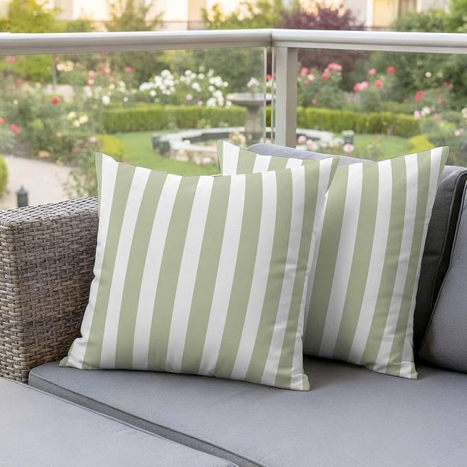 Sage Green Striped Outdoor Waterproof Throw Pillow Covers 20x20 Set of 2, Modern Farmhouse Sage Green White Stripes Decorative Pillowcases Cushion Pillowcase for Couch Sofa Patio Pillow Protector