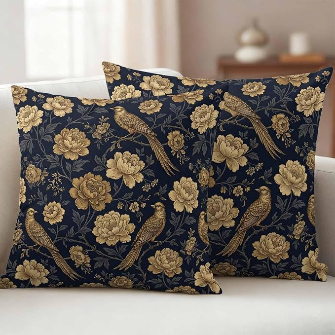 Vintage Gold Navy Blue Floral Outdoor Pillow Covers 16"x16" Set of 2, Bird Peony Flower Traditional Waterproof Throw Pillow Covers for Patio Furniture, Decorative Cushion Covers for Porch