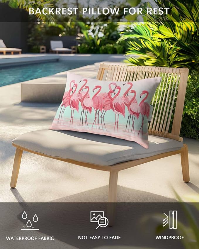 Pack of 2 Outdoor Lumbar Pillow Covers 12x20 Inch, Pink Flamingo Waterproof Throw Pillow Covers Set, Summer Tropical Flamingo Hawaii Animals Indoor&Outdoor Cushion Cases for Patio Porch Beach