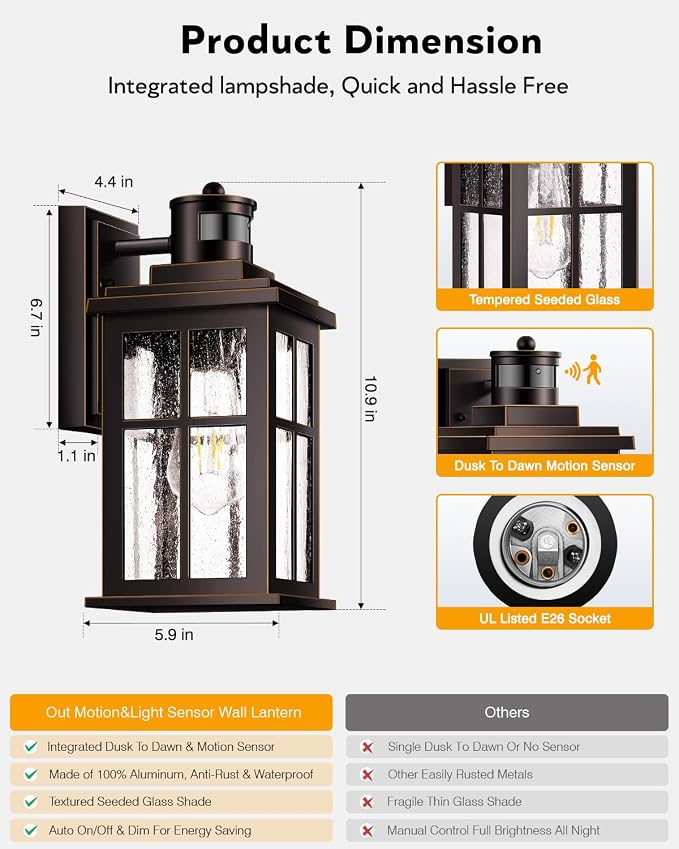 VIANIS Farmhouse Motion Sensor Outdoor Porch Lights for House, Oil Rubbed Bronze Gold Trim Dusk to Dawn Exterior Lighting Fixtures Wall Mount for Garage, Anti-Rust Outside Wall Sconces for Patio