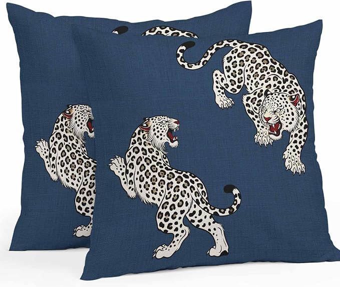 Navy Blue Leopard Outdoor Waterproof Pillow Covers Pack of 2, Modern Style Wild Animal Rustic Linen Texture Throw Pillowcases Decorative Cushion Covers for Garden Patio Tent Sofa Couch, 16x16 inch