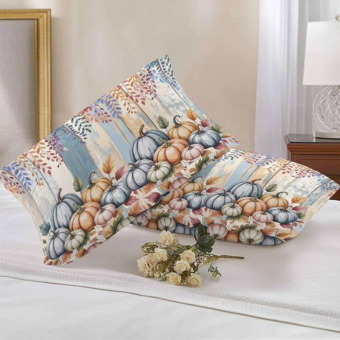 Orange Pumpkins Outdoor Waterproof Pillow Covers, Eucalyptus Leaves Wood Grain Country Rustic Decorative Rectangle Throw Pillowcase Sofa Cushion Sham for Patio/Couch/Chair, 20"x12" 2 Pack