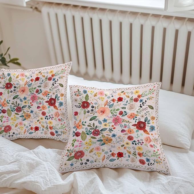 Vandarllin Outdoor Throw Pillows Covers 16x16 inch Set of 2 Waterproof Pink Floral Decorative Zippered Cushion Covers for Patio Furniture, Farmhouse Vintage Flower Lumbar Pillowcases