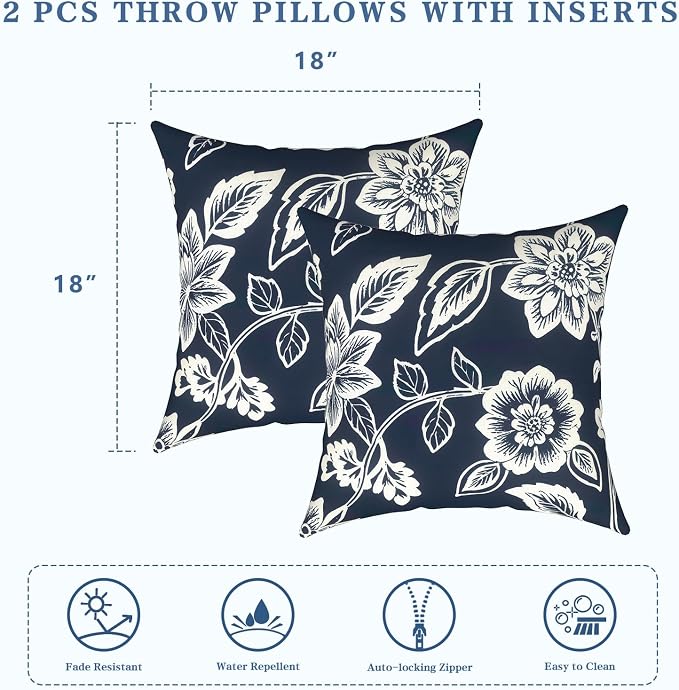 LVTXIII 2 Pack Outdoor Pillows 18x18 Inch, Square Throw Pillows with Inserts, Decorative Water-Repellent Pillow Cushions for Patio Furniture and Garden Sofa, Elegant Vines Navy