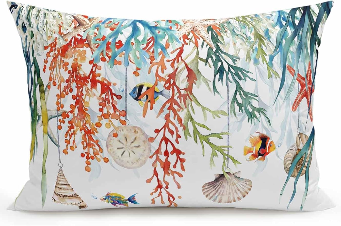 Outdoor Waterproof Throw Pillows Summer Colorful Coral Shell Conch Patio Pillows,Decorative Pillow Covers with Insert,Pillow Cushion Case for Garden Couch Sofa Sea Starfish Fish Marine Life