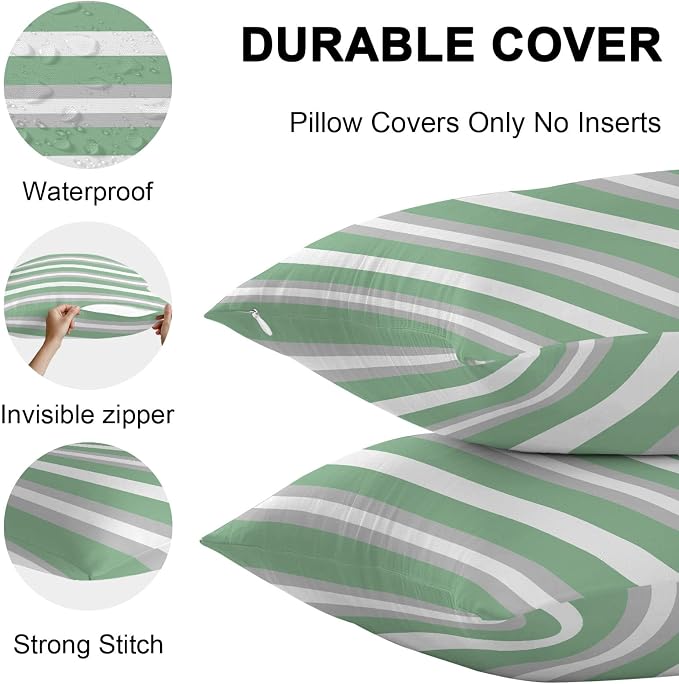 Green Grey Stripe Outdoor Pillow Covers Waterproof, All Weather Cushion Case Set of 2, Minimalist Farmhouse Striped Decorative Pillowcases for Sofa Couch Bed Decor Patio Furniture 18"x18"