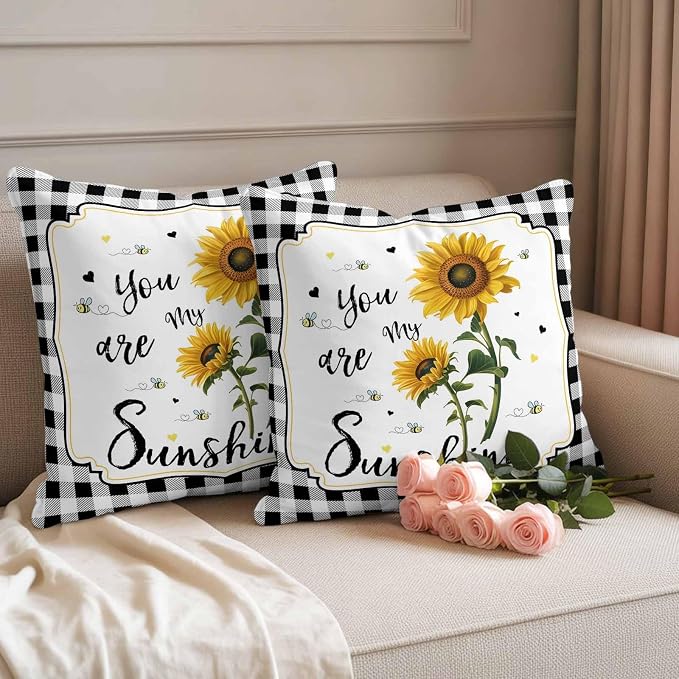 Vandarllin Outdoor Throw Pillows Covers 18X18 Set of 2 Waterproof Yellow Sunflower Bees Decorative Zippered Lumbar Cushion Covers for Patio Furniture, Black Buffalo Check Plaid