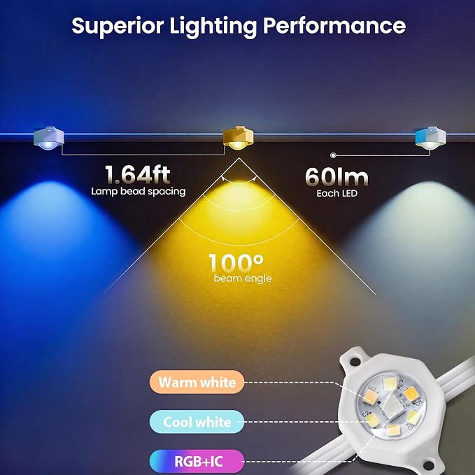 Permanent Outdoor Lights for House,100ft RGB+IC Color Eave Lights | Tunable Warm to Cool White 60lm for Daily Lighting,Super Bright, IP67 Waterproof, Alexa Google APP Remote Control
