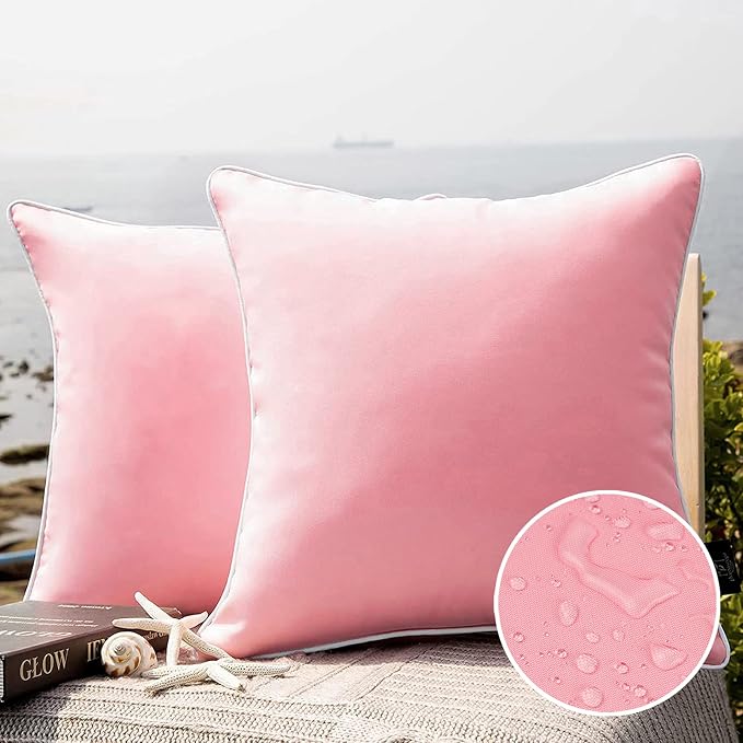 Phantoscope Pack of 2 Outdoor Waterproof Solid Throw Decorative Pillow Cover Decorative Square Outdoor Pillows Cushion Case Patio Pillows for Couch Tent (20''x20'', Pink)