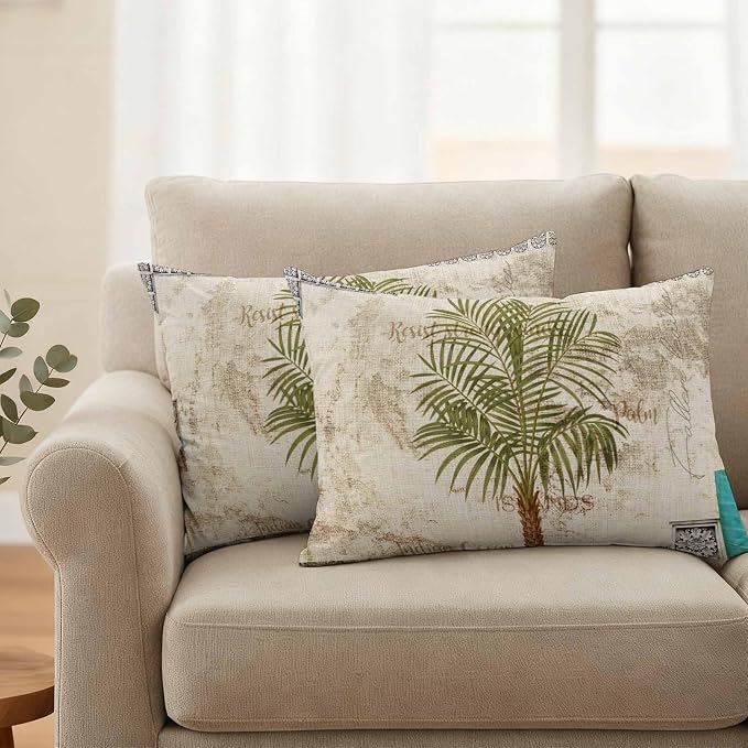 Vintage Palm Trees Waterproof Outdoor Pillow Covers 20''x12'' Set of 2, Beige Burlap Patio Furniture Summer Botanical Cushion Covers for Chairs, Decorative Tropical Pillow Cases for Garden/Pool/Beach