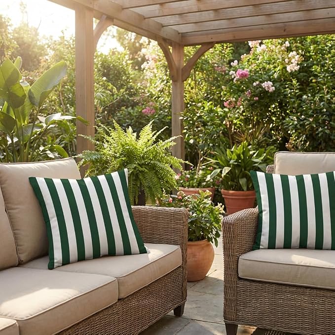 RSH DECOR: Square Throw Pillows Set of 2 | 20" x 20" | All-Weather Spun Fabric | Water and Fade-Resistant | Outdoor Accent Pillows for Patio Furniture | Hunter Green & White Stripe