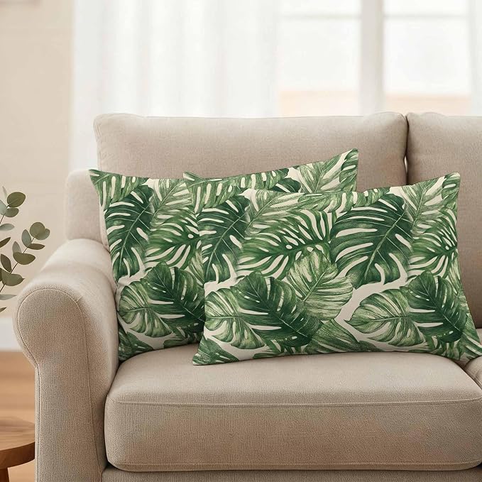 Green Tropical Leaves Waterproof Outdoor Pillow Covers Set of 2 Home Decor, Farmhouse Summer Leaf Plants Pillowcase Patio Pillow Covers for Couch Bench Furniture Garden 20x12in