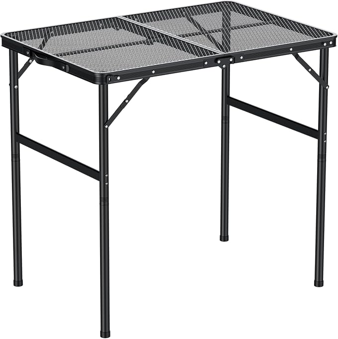 GARLLEN Folding Grill Table, 2-Height Adjustable Folding Camping Table with Heat-Resistant Wider Tabletop, Portable Aluminum Outdoor Tables for BBQ, Camping, Picnic, 35" L x 21.65" W, Black